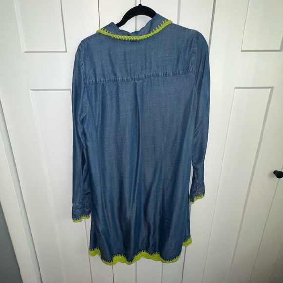 Joan Vass Blue Denim Dress/top with hand crocheted bright green trim large - Picture 5 of 7